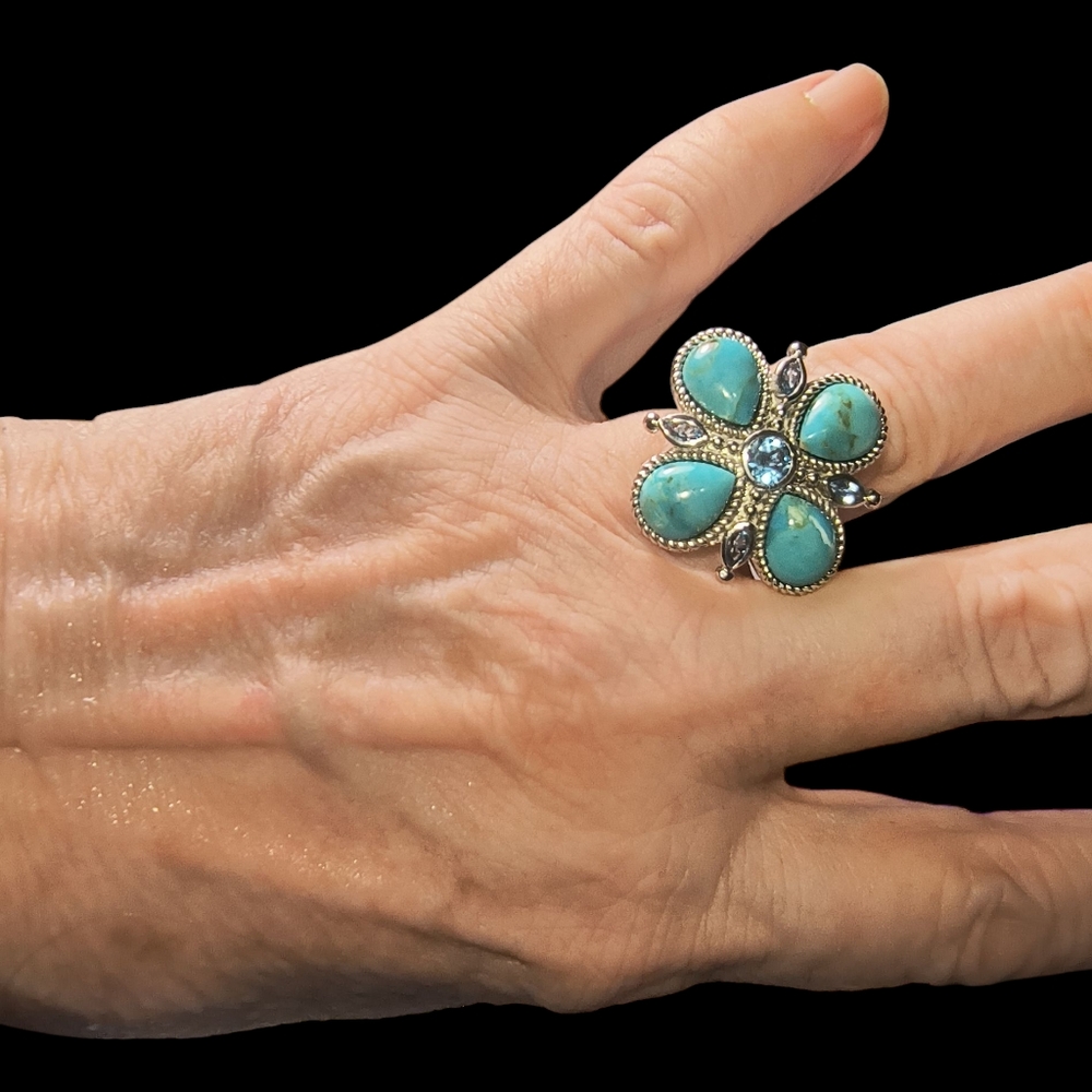 Turquoise And Blue Topaz 4-Leaf Clover Ring In Sterling Silver - Picture 6 of 11